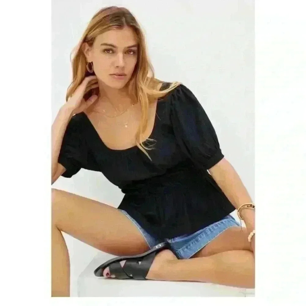 Maeve smocked poplin black top Xsmall